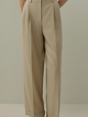 Lilysilk Wool-Silk Blend High-Waist Wide Leg Trousers — Beige